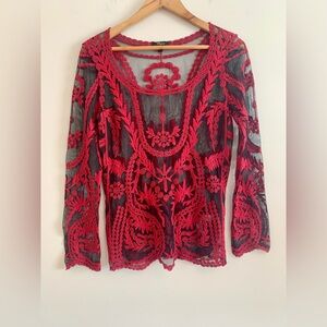 Cupio Women’s Red Embroidered Lace Black Mesh Long Sleeve Sheer Top